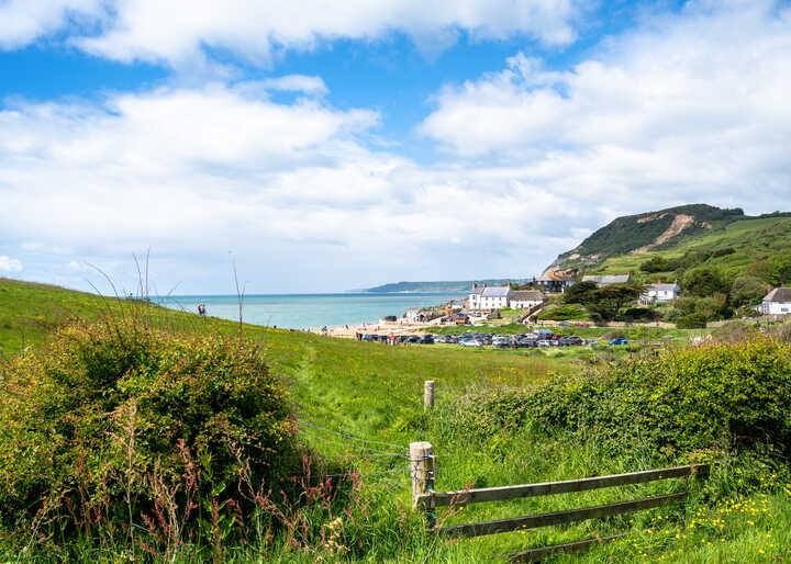 A view across Seatown Beach, looking towards Golden Cap hill
